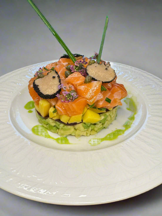 Salmon Tartare with Avocado, Mango & Beetroot Layers