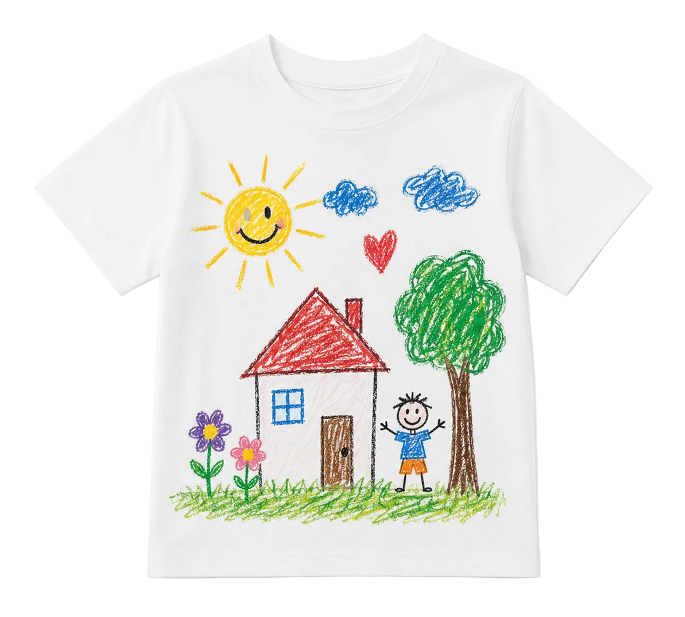 A white short-sleeve kids' t-shirt featuring a colorful crayon-style drawing of a house, smiling sun, clouds, flowers, a tree, and a child on the front.