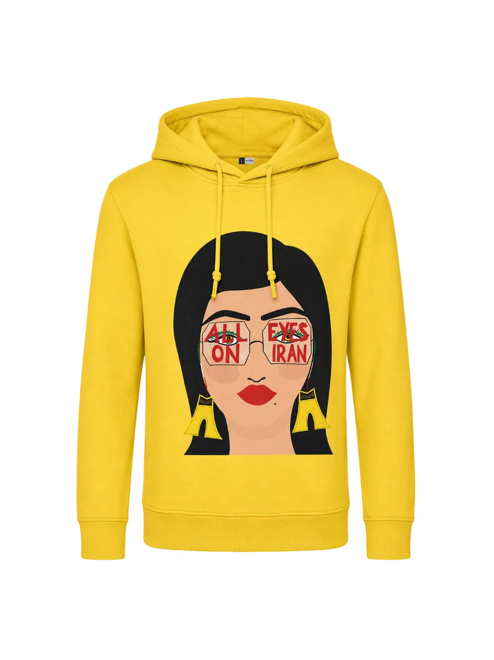 A bright yellow pullover hoodie with a graphic print of a woman's face wearing glasses with the text 'ALL ON EYES IRAN' in red. The hoodie has matching yellow drawstrings and is shown with no background.