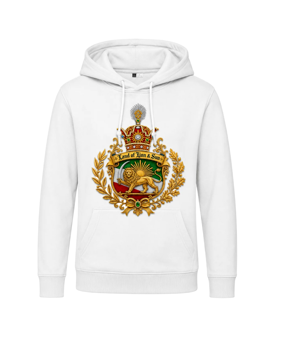 A white pullover hoodie featuring a large, detailed golden and multicolored crest graphic on the chest. The crest includes a crown, laurel wreath, a lion, and the text 'Land of Lion & Sun'.