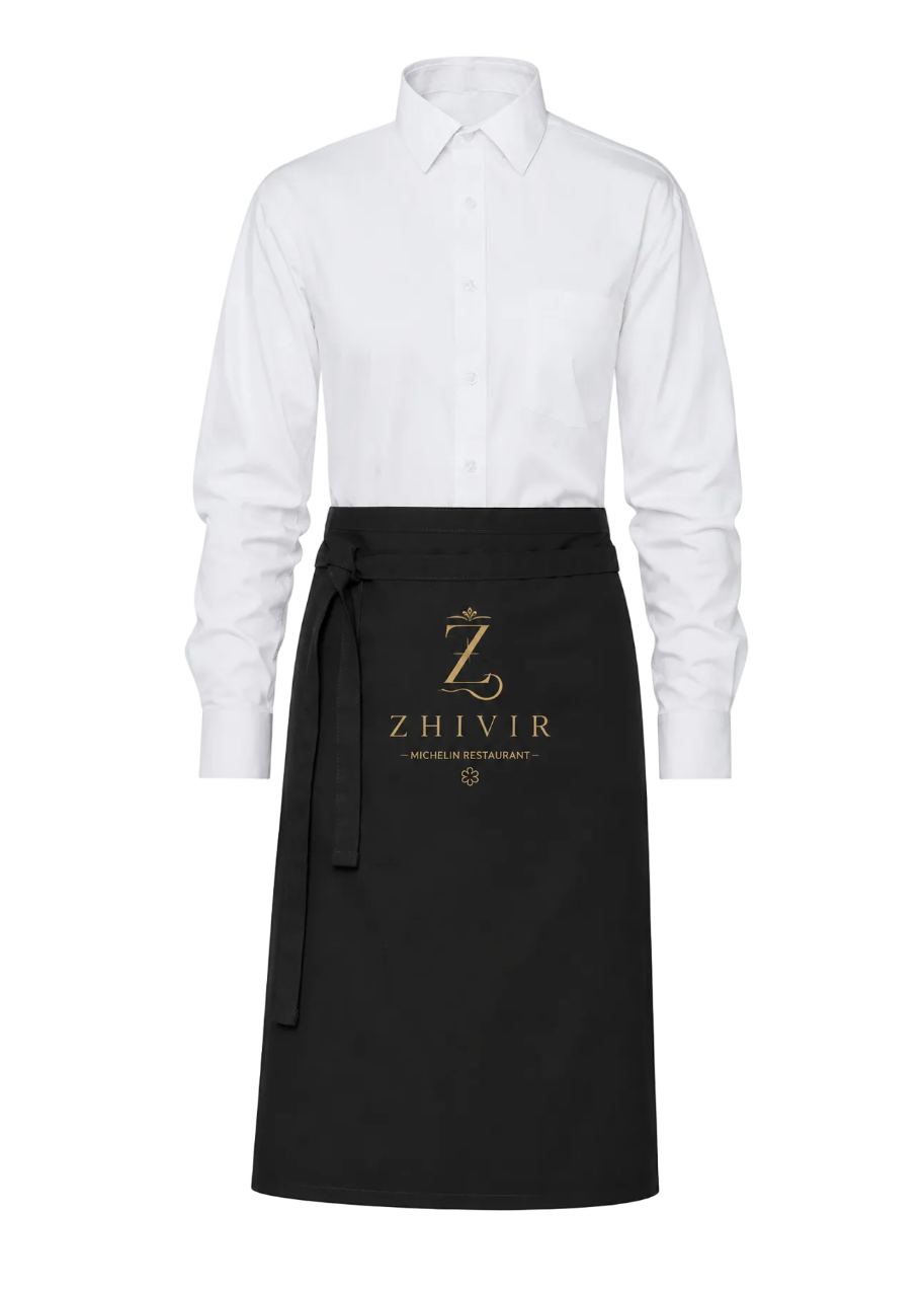 A black restaurant apron with a gold printed 'ZHIVIR' logo, worn over a white long-sleeve button-down shirt with no background.