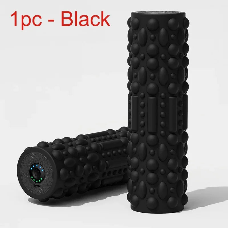 YUNEXA Electric Vibration Foam Roller in black with ergonomic design for muscle relaxation and recovery.