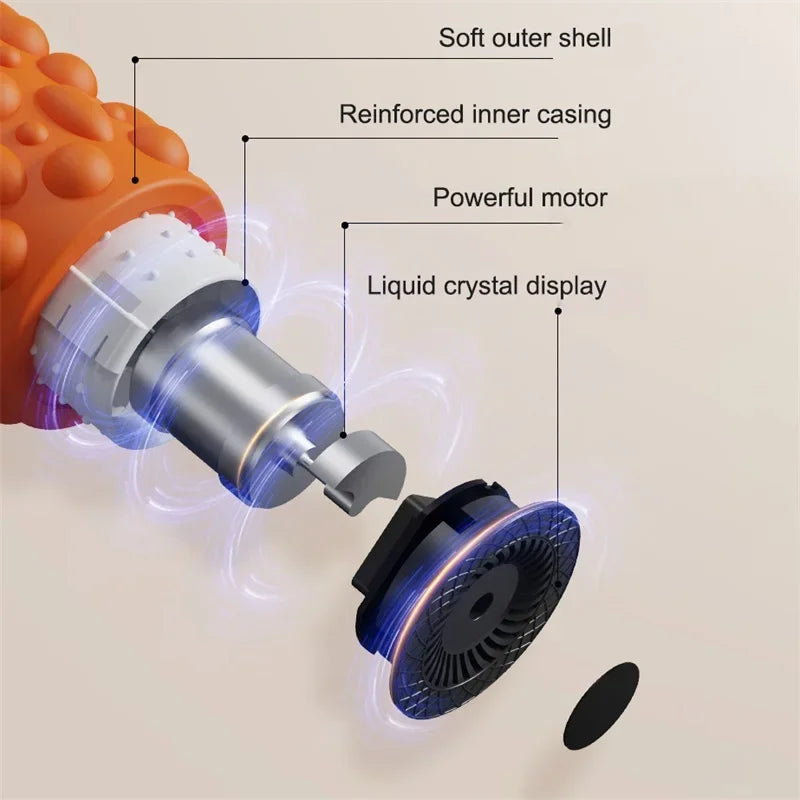 YUNEXA Electric Vibration Foam Roller in orange with ergonomic design for muscle relaxation and recovery.