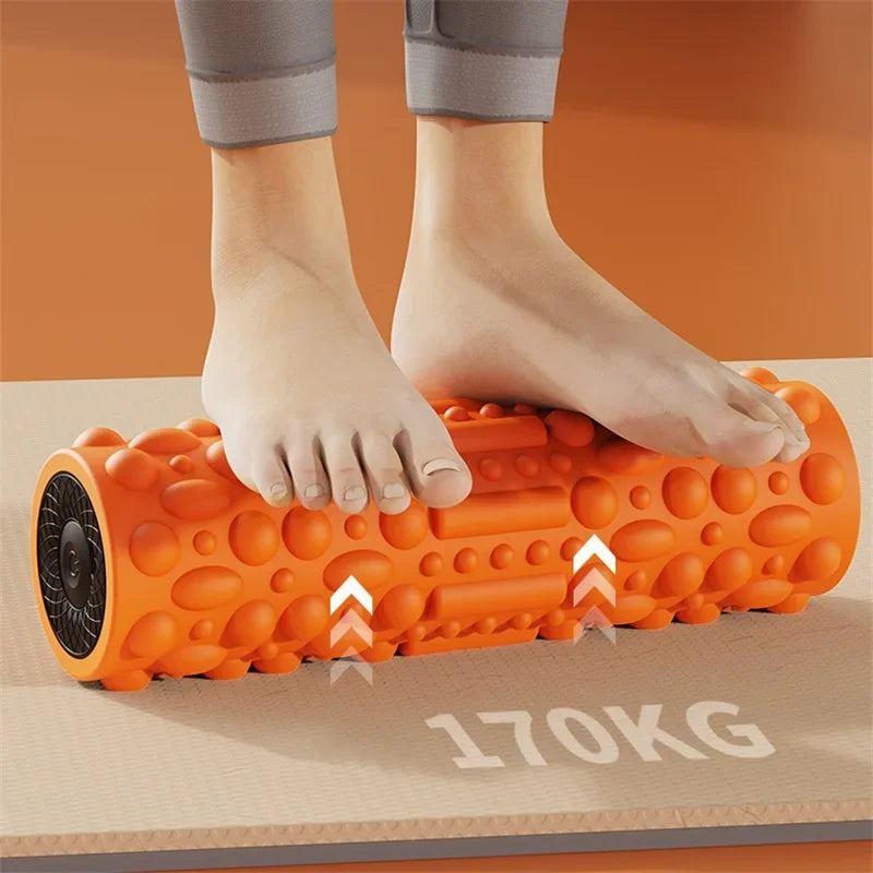 YUNEXA Electric Vibration Foam Roller in orange with ergonomic design for muscle relaxation and recovery.