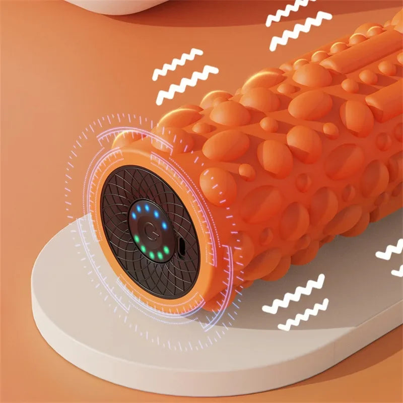 YUNEXA Electric Vibration Foam Roller in orange with ergonomic design for muscle relaxation and recovery.
