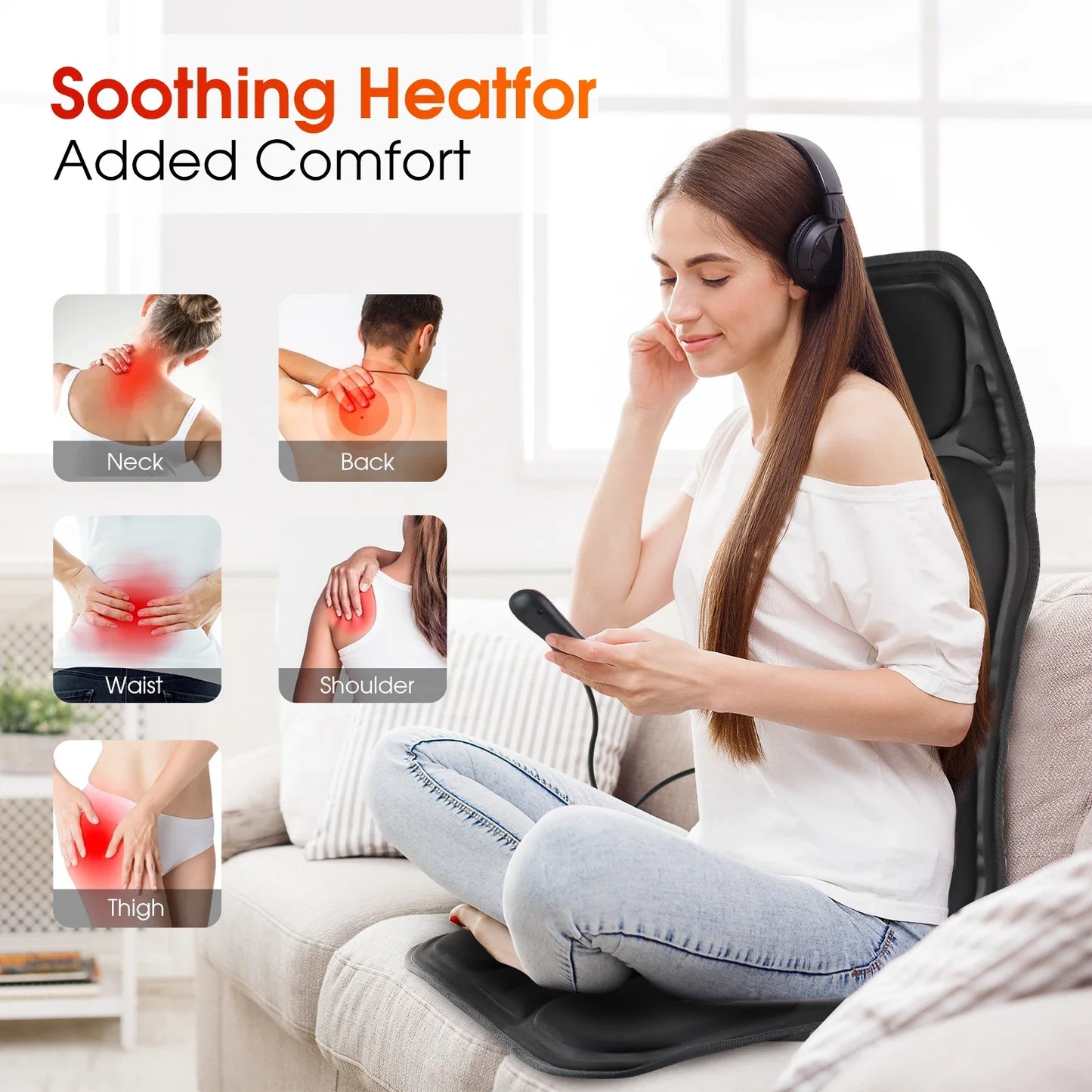 YUNEXA Infrared Full-Body Massage Chair Cushion with vibrating and heating functions for car, home, and office use.