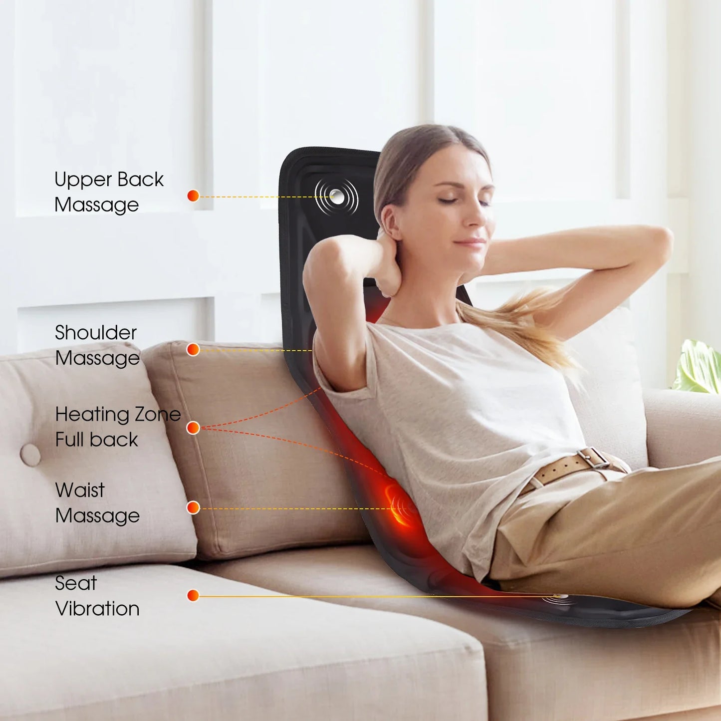 YUNEXA Infrared Full-Body Massage Chair Cushion with vibrating and heating functions for car, home, and office use.
