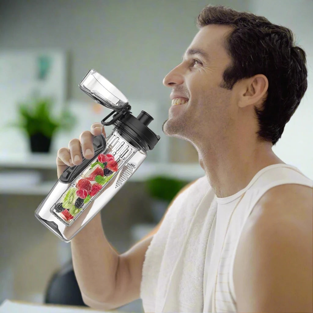 YUNEXA 1000ml BPA-Free Fruit Infuser Water Bottle with leak-proof silicone seals and removable infuser chamber.