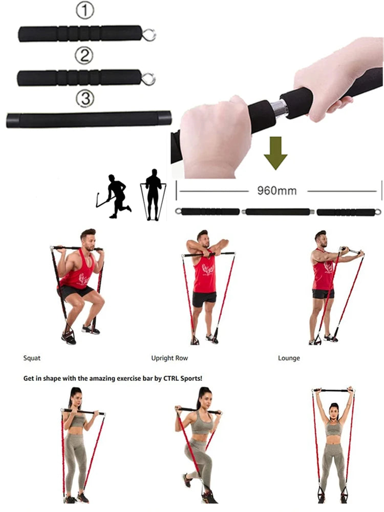 YUNEXA Widerstandsstangen- und -bänder-Set – Vielseitiges Fitnessgerät für Zuhause und unterwegs mit mehreren Varianten für Krafttraining – Pilates, Crossfit, Yoga, Bodybuilding