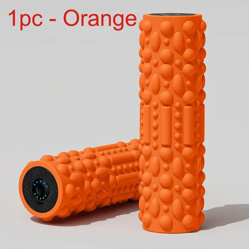 YUNEXA Electric Vibration Foam Roller in orange with ergonomic design for muscle relaxation and recovery.