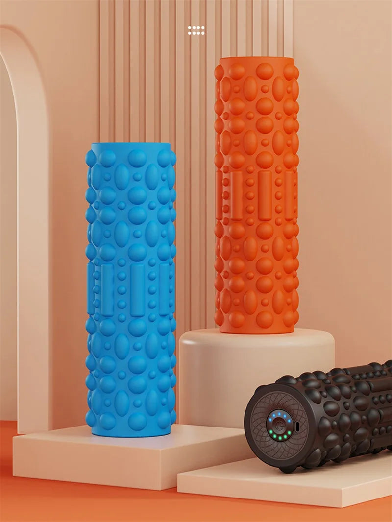 YUNEXA Electric Vibration Foam Roller in different colours with ergonomic design for muscle relaxation and recovery.