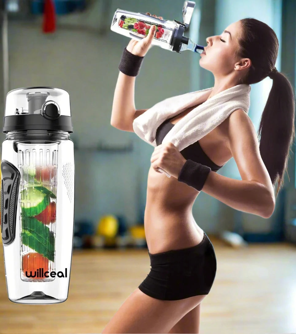 YUNEXA 1000ml BPA-Free Fruit Infuser Water Bottle with leak-proof silicone seals and removable infuser chamber.