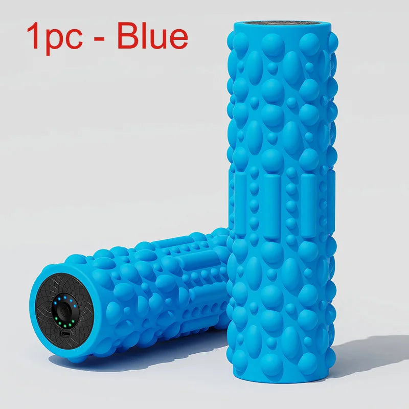 YUNEXA Electric Vibration Foam Roller in blue with ergonomic design for muscle relaxation and recovery.