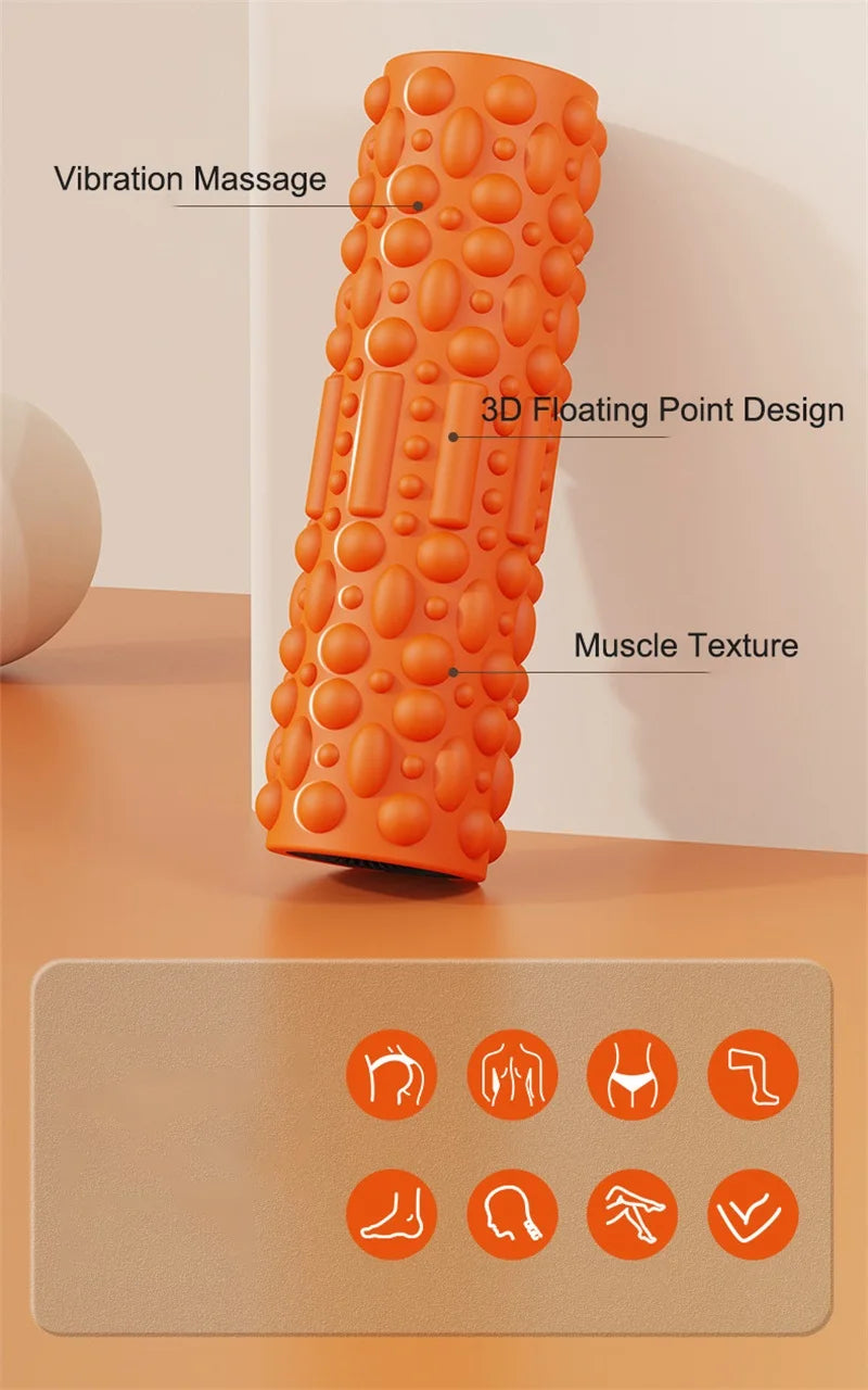 YUNEXA Electric Vibration Foam Roller in orange with ergonomic design for muscle relaxation and recovery.