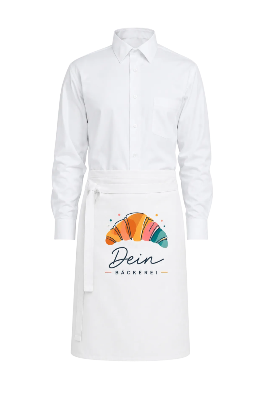A white long-sleeve button-up shirt styled as an apron, featuring a colorful watercolor croissant graphic and the German text 'Dein Bäckerei' printed on the front waist area.