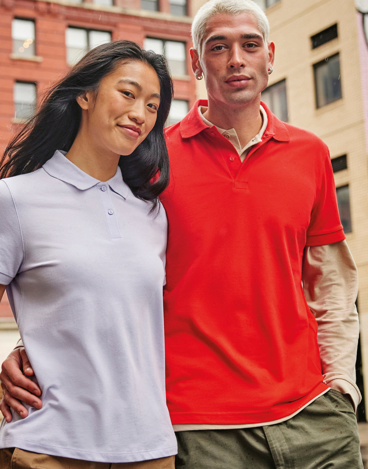 Men's eco polo shirt 65/35 worn by a model