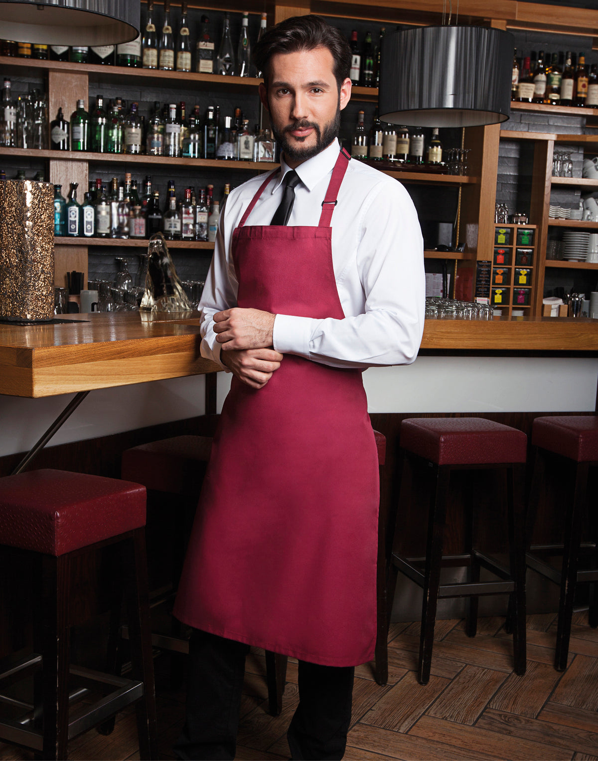 Custom bib apron in Bordeaux, worn