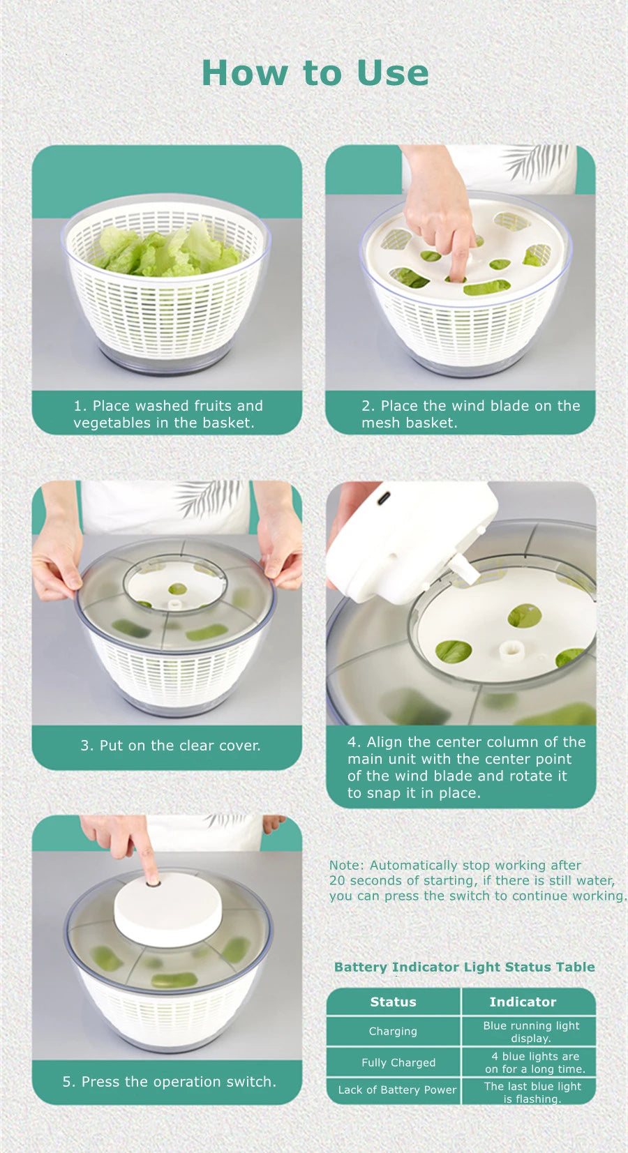 YUNEXA™ Electric Salad Spinner Pro | USB Rechargeable High-Speed Vegetable Dryer – 4.75L