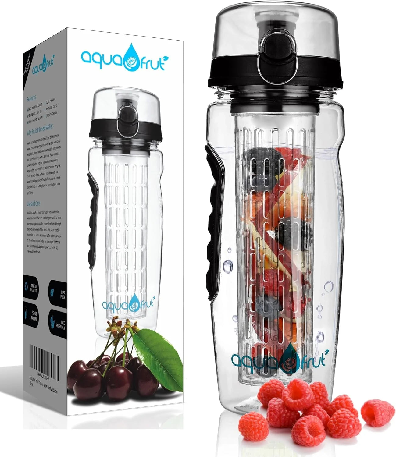 1000 ml Wasserflasche mit Fruchteinsatz, BPA-frei, Sport-Flasche mit Klappdeckel und Trinkschnabel, auslaufsicher, aus robustem Tritan