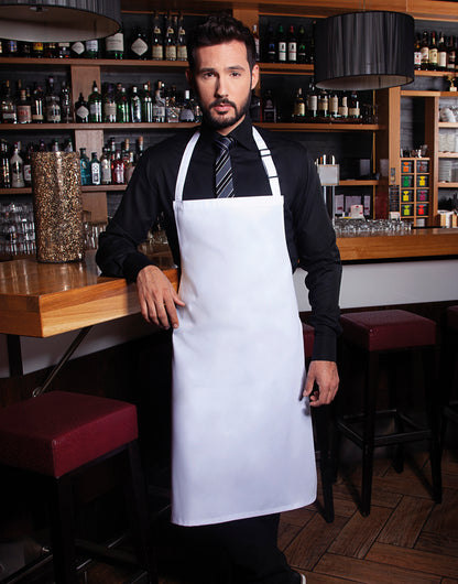 Custom bib apron in White, worn