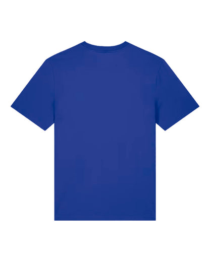 Custom organic cotton t-shirt in Worker Blue, back view