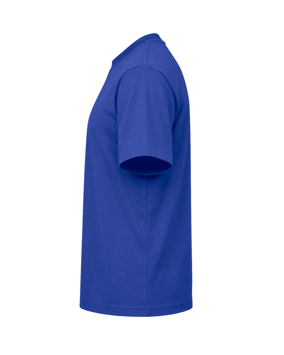 Custom organic cotton t-shirt in Worker Blue, left sleeve print area